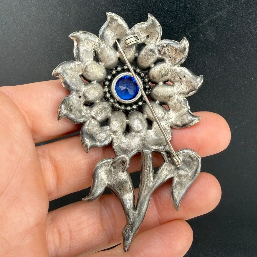 Vintage Pot Metal Brooch Blue Rhinestone Sunflower Brooch Floral  Large